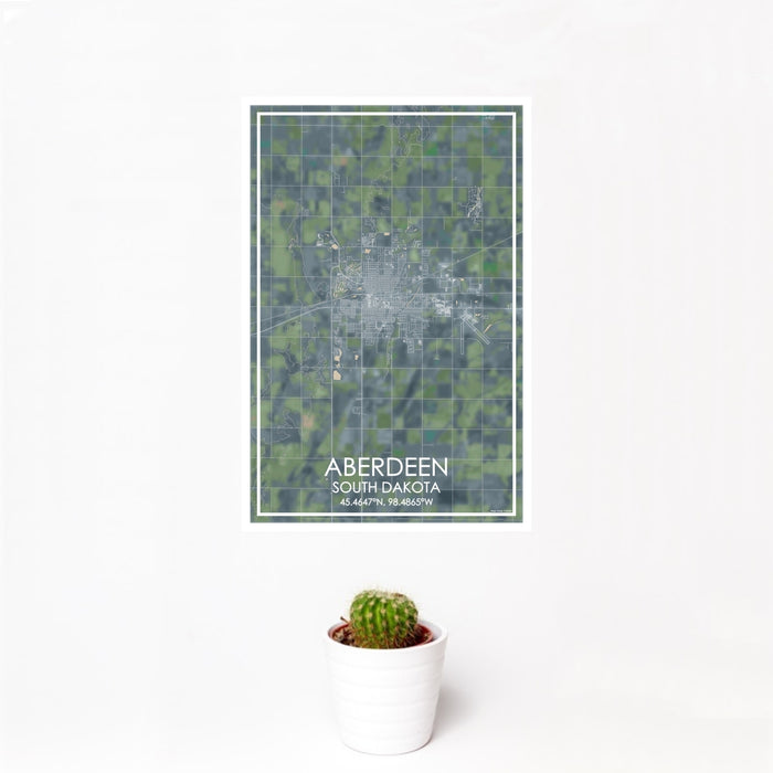 12x18 Aberdeen South Dakota Map Print Portrait Orientation in Afternoon Style With Small Cactus Plant in White Planter