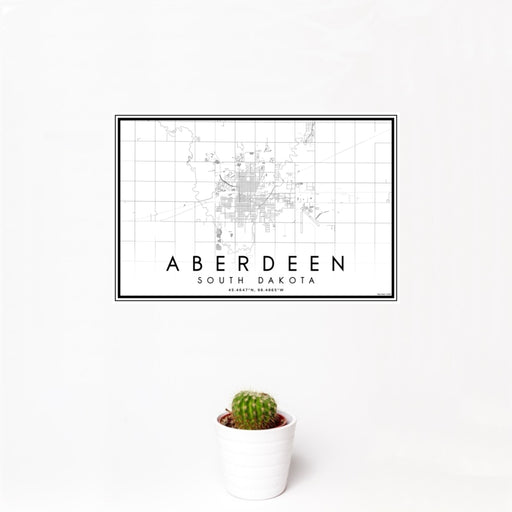12x18 Aberdeen South Dakota Map Print Landscape Orientation in Classic Style With Small Cactus Plant in White Planter