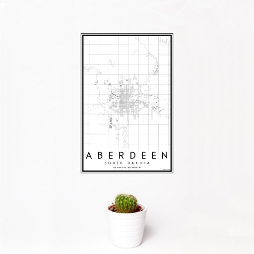 12x18 Aberdeen South Dakota Map Print Portrait Orientation in Classic Style With Small Cactus Plant in White Planter