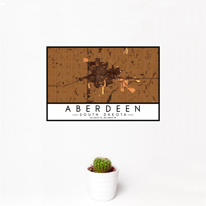12x18 Aberdeen South Dakota Map Print Landscape Orientation in Ember Style With Small Cactus Plant in White Planter