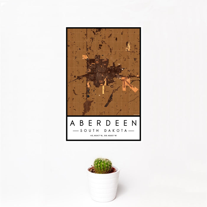 12x18 Aberdeen South Dakota Map Print Portrait Orientation in Ember Style With Small Cactus Plant in White Planter