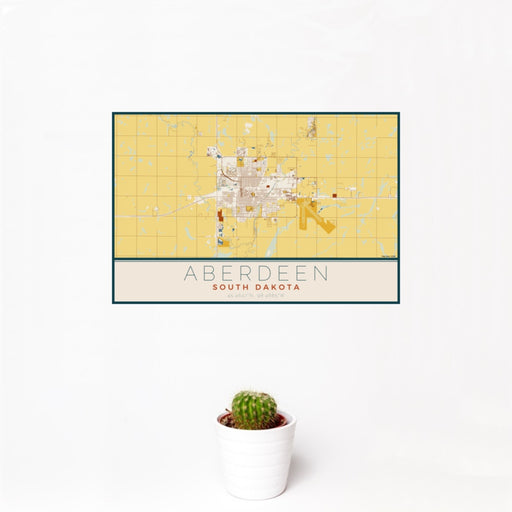 12x18 Aberdeen South Dakota Map Print Landscape Orientation in Woodblock Style With Small Cactus Plant in White Planter