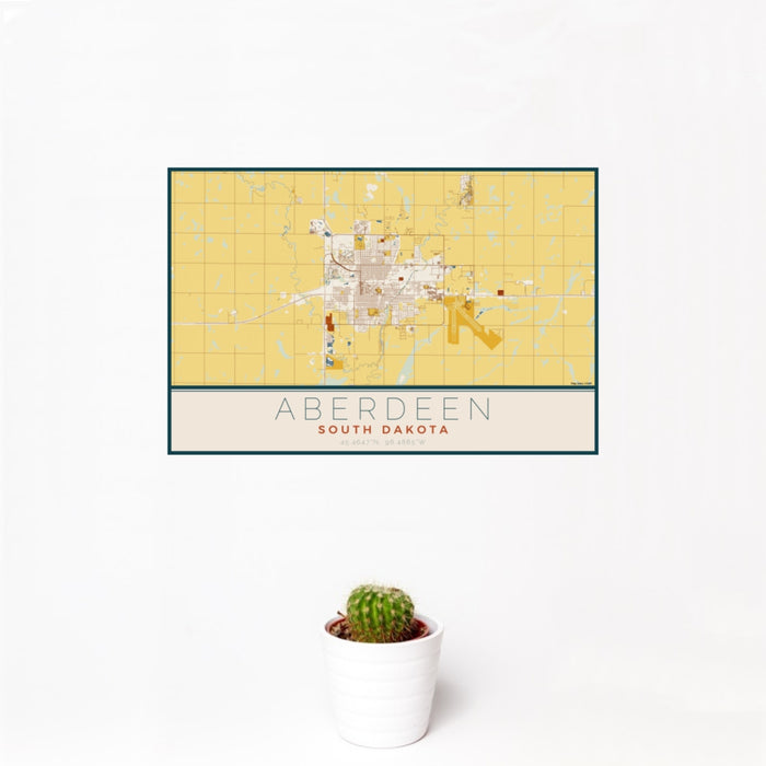 12x18 Aberdeen South Dakota Map Print Landscape Orientation in Woodblock Style With Small Cactus Plant in White Planter