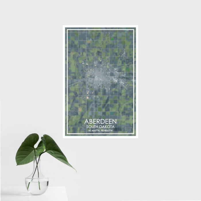 16x24 Aberdeen South Dakota Map Print Portrait Orientation in Afternoon Style With Tropical Plant Leaves in Water