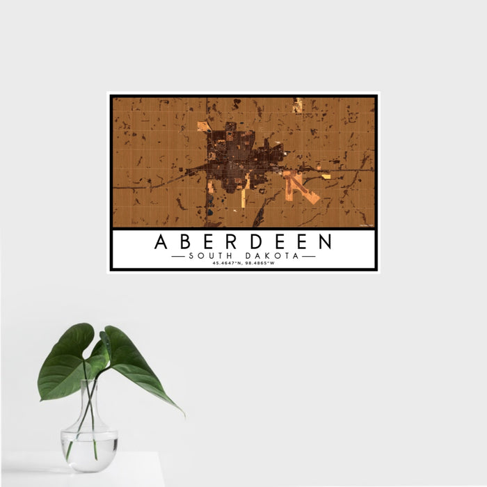 16x24 Aberdeen South Dakota Map Print Landscape Orientation in Ember Style With Tropical Plant Leaves in Water
