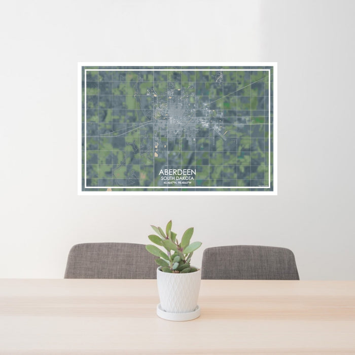 24x36 Aberdeen South Dakota Map Print Lanscape Orientation in Afternoon Style Behind 2 Chairs Table and Potted Plant