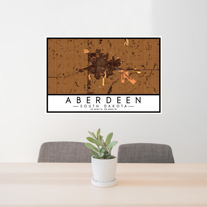 24x36 Aberdeen South Dakota Map Print Lanscape Orientation in Ember Style Behind 2 Chairs Table and Potted Plant