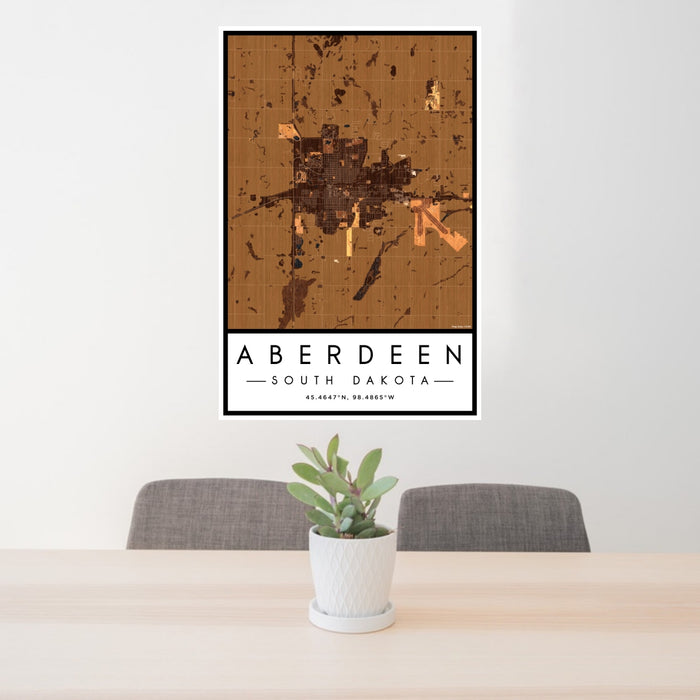 24x36 Aberdeen South Dakota Map Print Portrait Orientation in Ember Style Behind 2 Chairs Table and Potted Plant