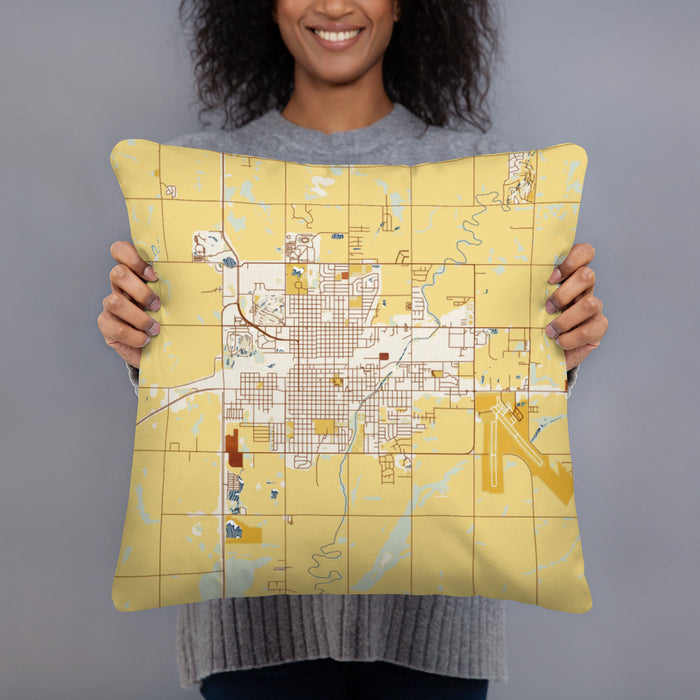 Person holding 18x18 Custom Aberdeen South Dakota Map Throw Pillow in Woodblock
