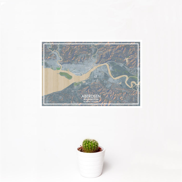 12x18 Aberdeen Washington Map Print Landscape Orientation in Afternoon Style With Small Cactus Plant in White Planter