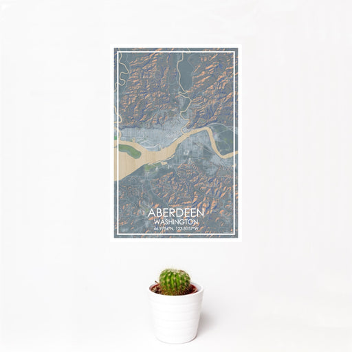 12x18 Aberdeen Washington Map Print Portrait Orientation in Afternoon Style With Small Cactus Plant in White Planter