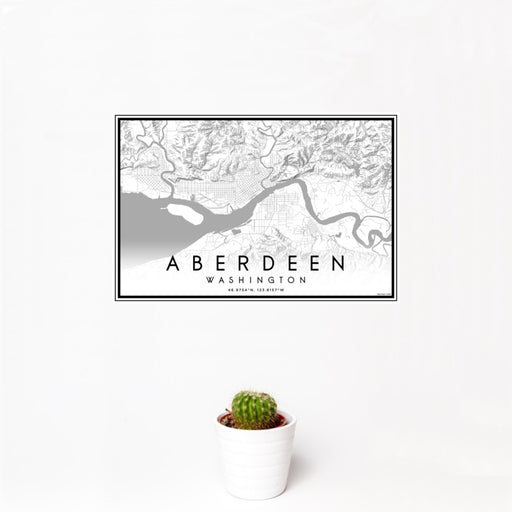 12x18 Aberdeen Washington Map Print Landscape Orientation in Classic Style With Small Cactus Plant in White Planter