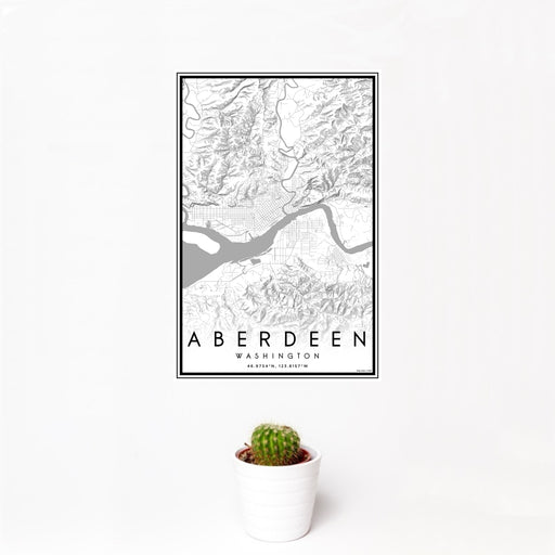 12x18 Aberdeen Washington Map Print Portrait Orientation in Classic Style With Small Cactus Plant in White Planter