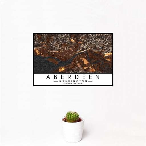 12x18 Aberdeen Washington Map Print Landscape Orientation in Ember Style With Small Cactus Plant in White Planter