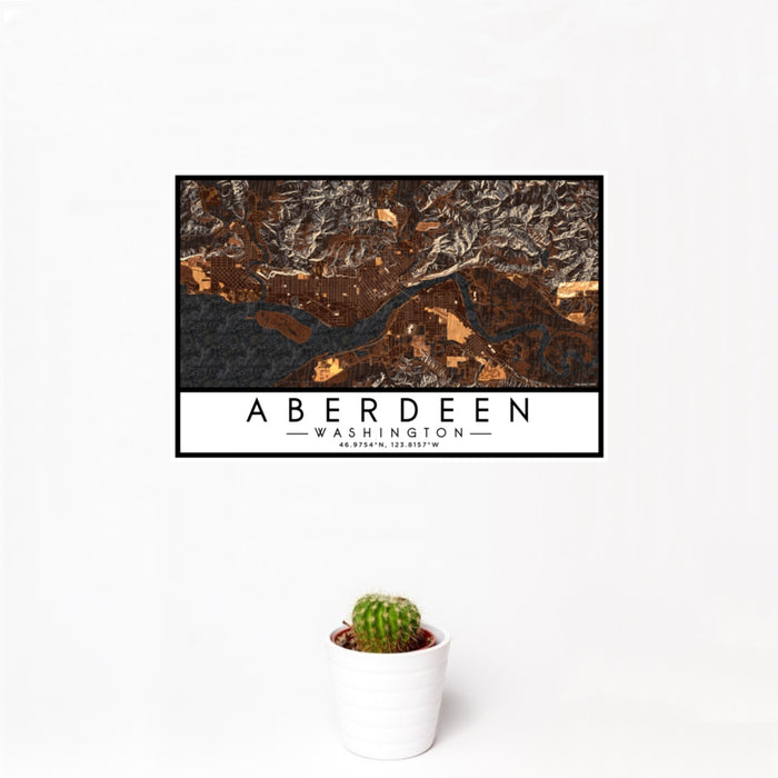 12x18 Aberdeen Washington Map Print Landscape Orientation in Ember Style With Small Cactus Plant in White Planter