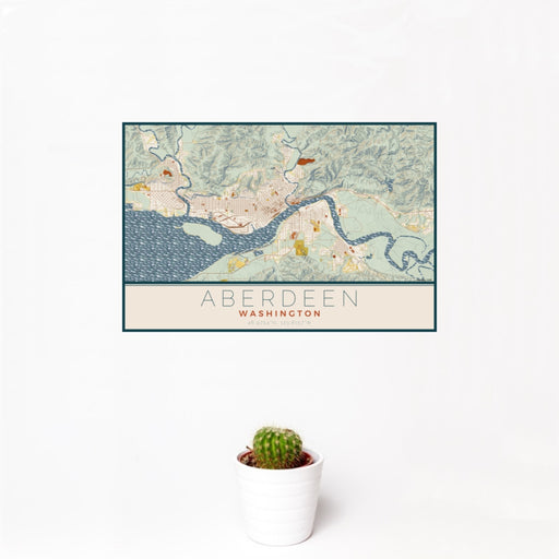 12x18 Aberdeen Washington Map Print Landscape Orientation in Woodblock Style With Small Cactus Plant in White Planter