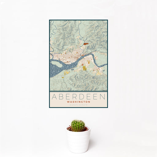 12x18 Aberdeen Washington Map Print Portrait Orientation in Woodblock Style With Small Cactus Plant in White Planter