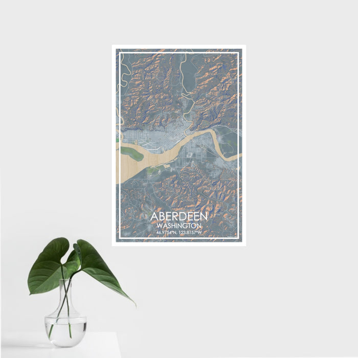 16x24 Aberdeen Washington Map Print Portrait Orientation in Afternoon Style With Tropical Plant Leaves in Water