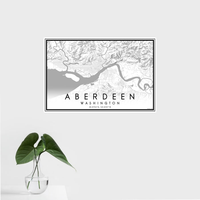 16x24 Aberdeen Washington Map Print Landscape Orientation in Classic Style With Tropical Plant Leaves in Water