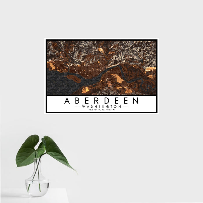 16x24 Aberdeen Washington Map Print Landscape Orientation in Ember Style With Tropical Plant Leaves in Water