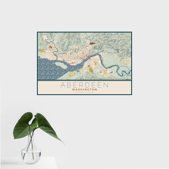 16x24 Aberdeen Washington Map Print Landscape Orientation in Woodblock Style With Tropical Plant Leaves in Water