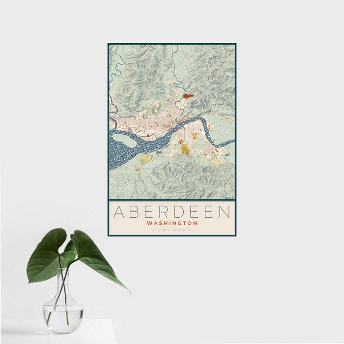 16x24 Aberdeen Washington Map Print Portrait Orientation in Woodblock Style With Tropical Plant Leaves in Water