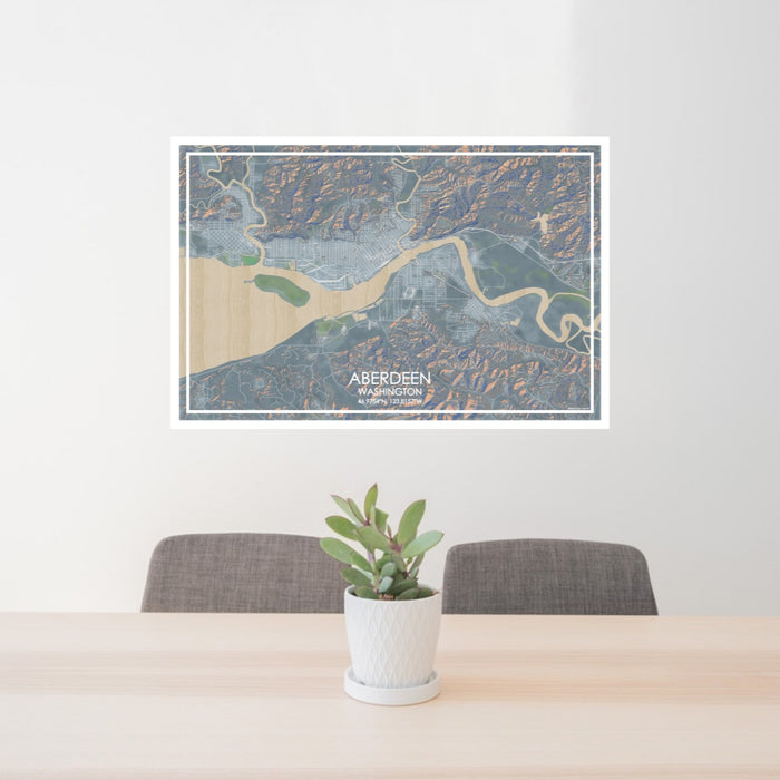 24x36 Aberdeen Washington Map Print Lanscape Orientation in Afternoon Style Behind 2 Chairs Table and Potted Plant