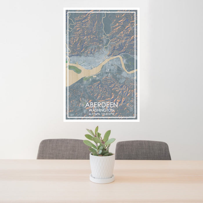 24x36 Aberdeen Washington Map Print Portrait Orientation in Afternoon Style Behind 2 Chairs Table and Potted Plant