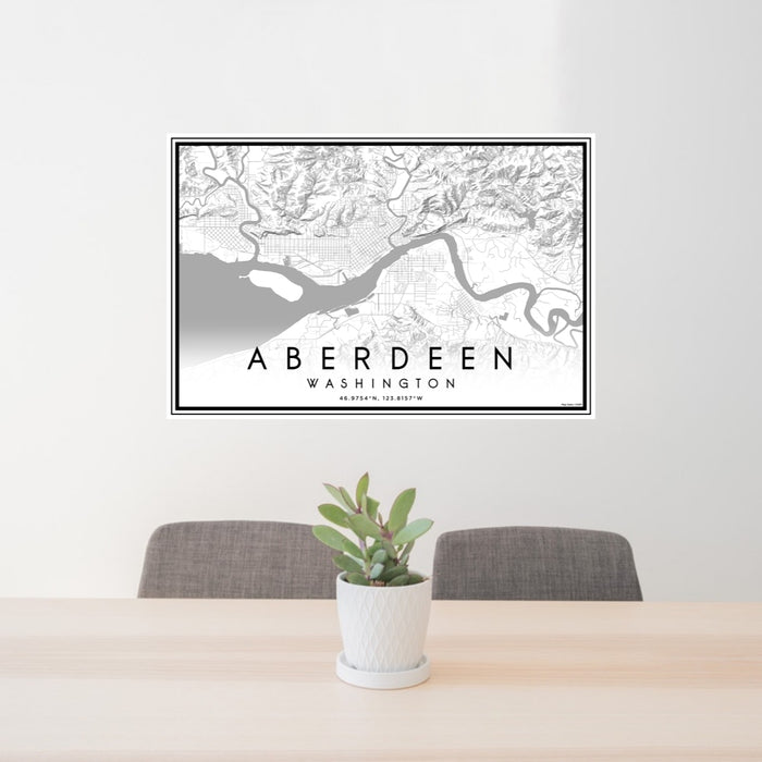 24x36 Aberdeen Washington Map Print Lanscape Orientation in Classic Style Behind 2 Chairs Table and Potted Plant