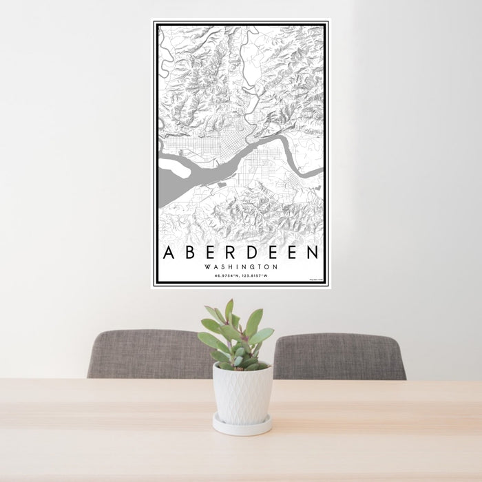 24x36 Aberdeen Washington Map Print Portrait Orientation in Classic Style Behind 2 Chairs Table and Potted Plant