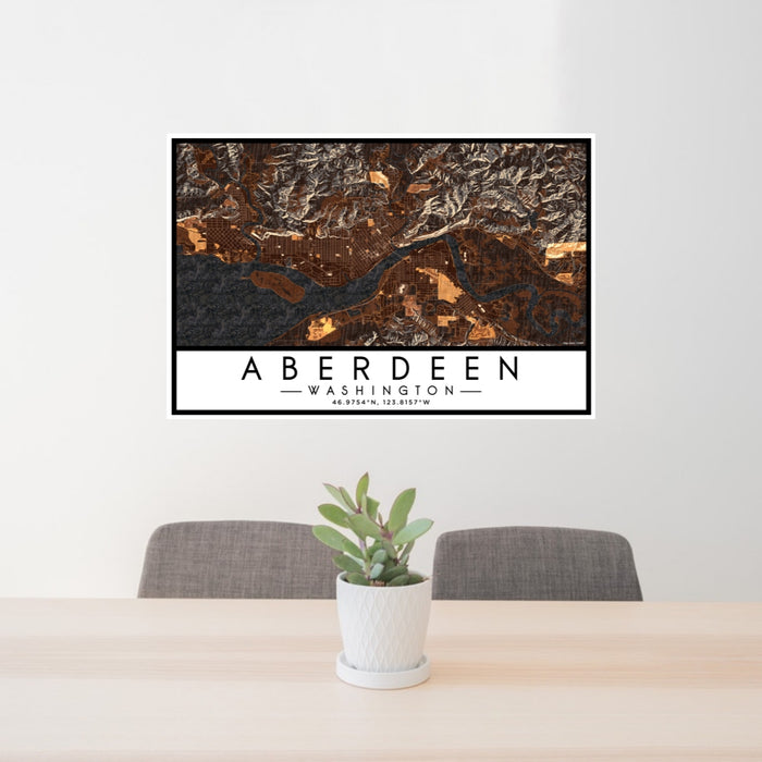 24x36 Aberdeen Washington Map Print Lanscape Orientation in Ember Style Behind 2 Chairs Table and Potted Plant