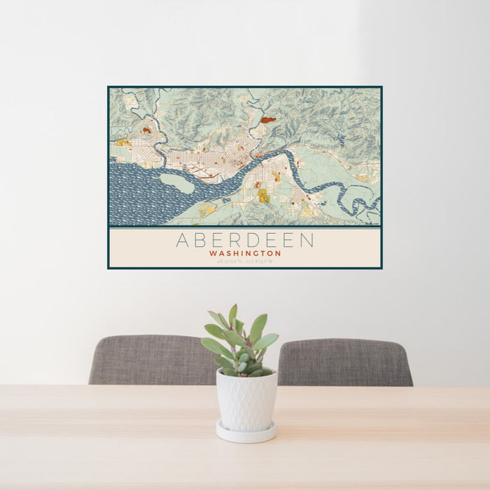 24x36 Aberdeen Washington Map Print Lanscape Orientation in Woodblock Style Behind 2 Chairs Table and Potted Plant