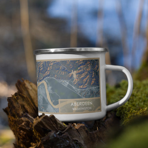 Right View Custom Aberdeen Washington Map Enamel Mug in Afternoon on Grass With Trees in Background