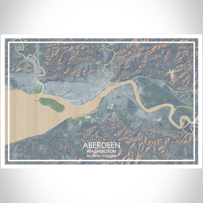Aberdeen Washington Map Print Landscape Orientation in Afternoon Style With Shaded Background
