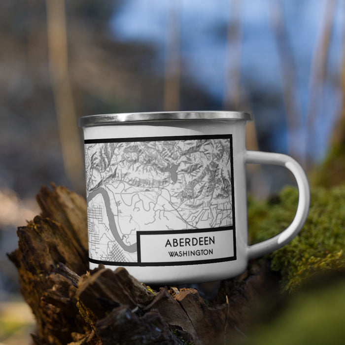 Right View Custom Aberdeen Washington Map Enamel Mug in Classic on Grass With Trees in Background