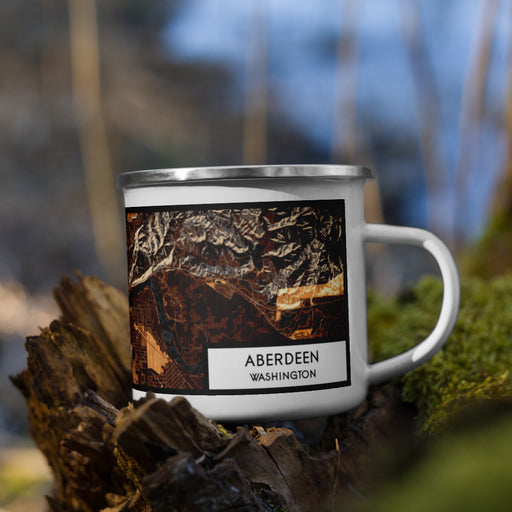 Right View Custom Aberdeen Washington Map Enamel Mug in Ember on Grass With Trees in Background