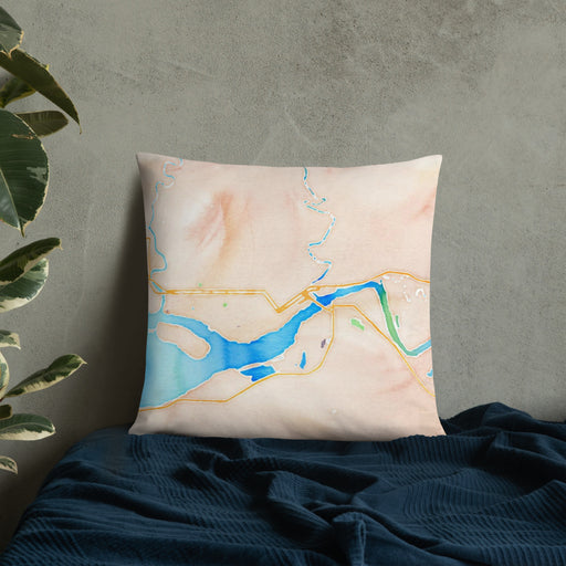 Custom Aberdeen Washington Map Throw Pillow in Watercolor on Bedding Against Wall
