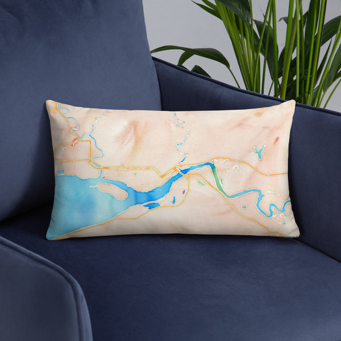 Custom Aberdeen Washington Map Throw Pillow in Watercolor on Blue Colored Chair