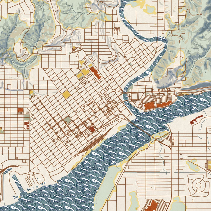 Aberdeen Washington Map Print in Woodblock Style Zoomed In Close Up Showing Details