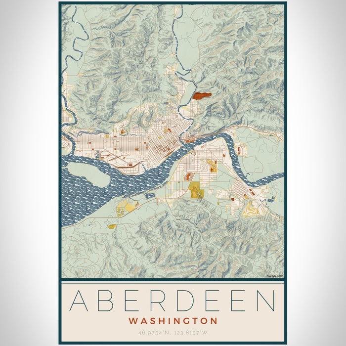 Aberdeen Washington Map Print Portrait Orientation in Woodblock Style With Shaded Background