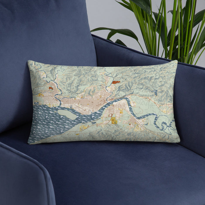 Custom Aberdeen Washington Map Throw Pillow in Woodblock on Blue Colored Chair