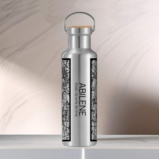 Abilene Texas Custom City Map Inscription Coordinates on 20oz Stainless Steel Insulated Bottle with Bamboo Top with printed Tactile Lines Map in Black