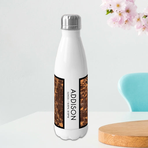 Addison Illinois Custom City Map Inscription Coordinates on 17oz Stainless Steel Insulated Bottle with printed ember style map