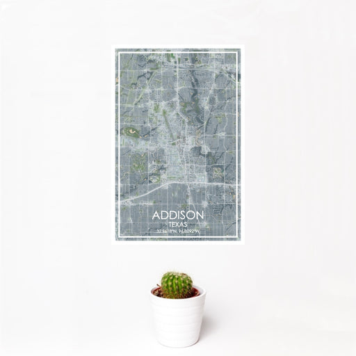 12x18 Addison Texas Map Print Portrait Orientation in Afternoon Style With Small Cactus Plant in White Planter