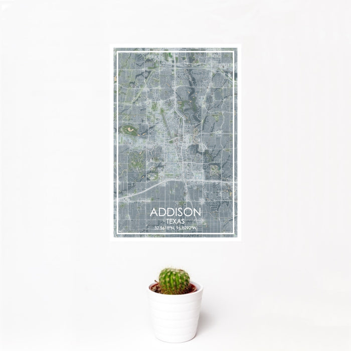 12x18 Addison Texas Map Print Portrait Orientation in Afternoon Style With Small Cactus Plant in White Planter
