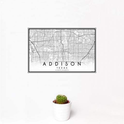 12x18 Addison Texas Map Print Landscape Orientation in Classic Style With Small Cactus Plant in White Planter