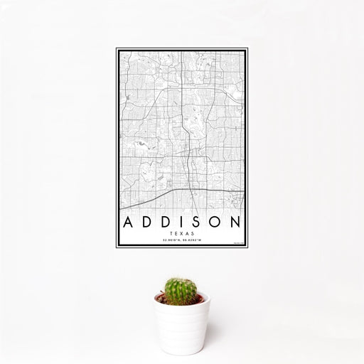 12x18 Addison Texas Map Print Portrait Orientation in Classic Style With Small Cactus Plant in White Planter