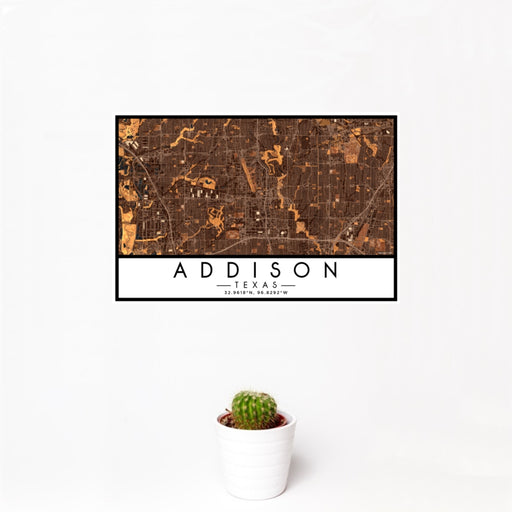 12x18 Addison Texas Map Print Landscape Orientation in Ember Style With Small Cactus Plant in White Planter