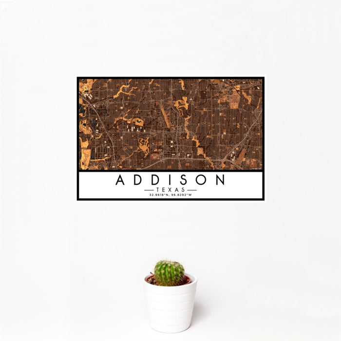 12x18 Addison Texas Map Print Landscape Orientation in Ember Style With Small Cactus Plant in White Planter