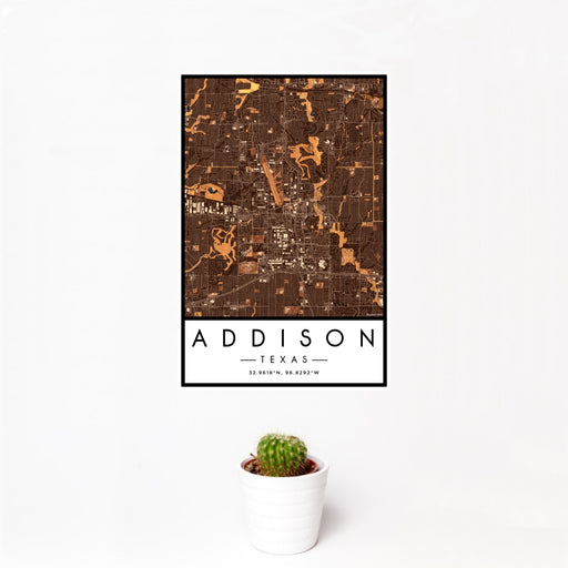 12x18 Addison Texas Map Print Portrait Orientation in Ember Style With Small Cactus Plant in White Planter